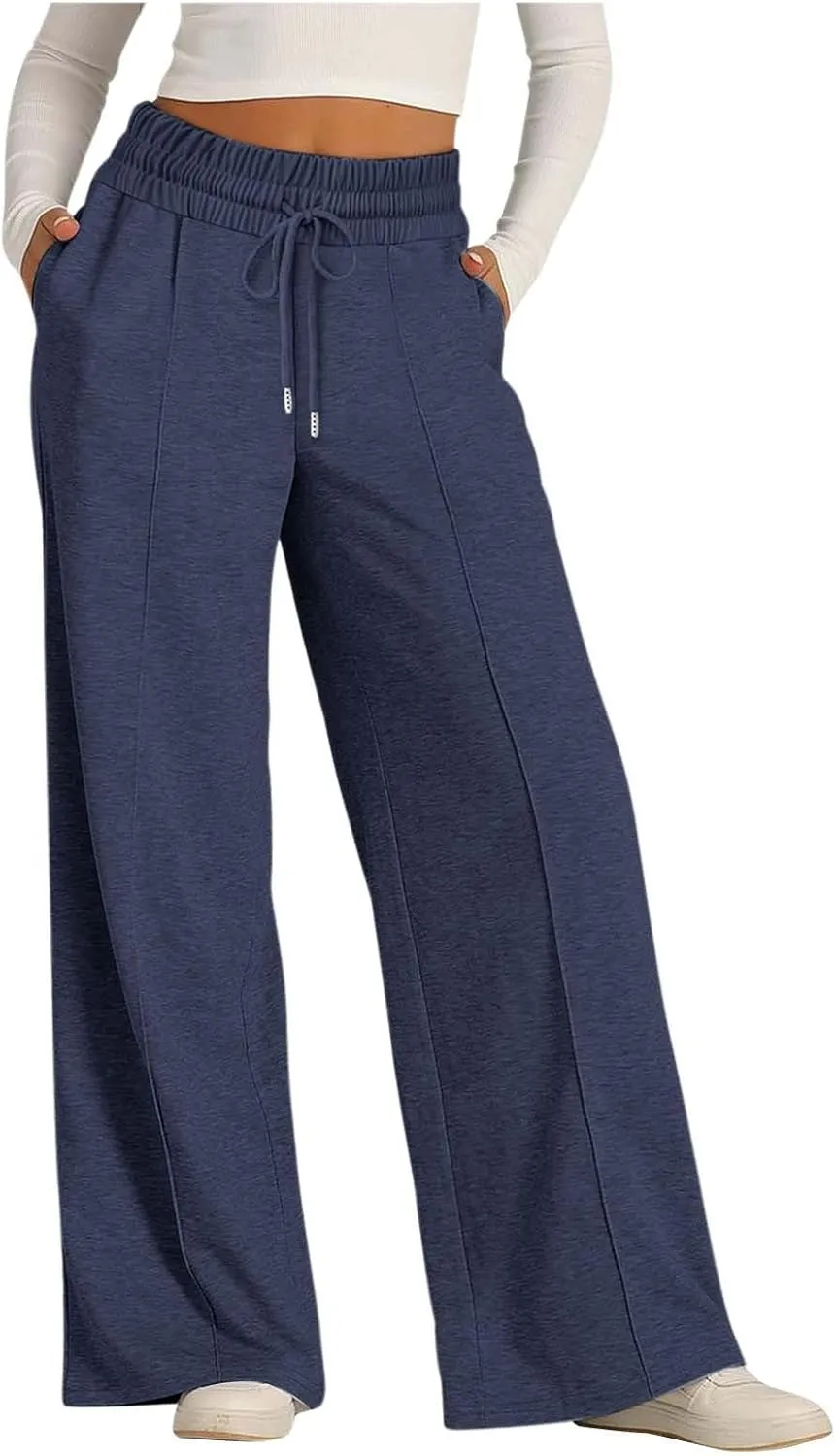 Women Wide Leg Sweatpant High Waist Cotton Baggy Casual Drawstring Waist Running Joggers Pants with Pockets