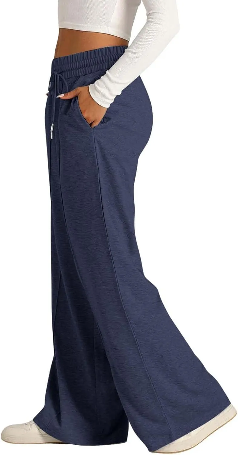 Women Wide Leg Sweatpant High Waist Cotton Baggy Casual Drawstring Waist Running Joggers Pants with Pockets