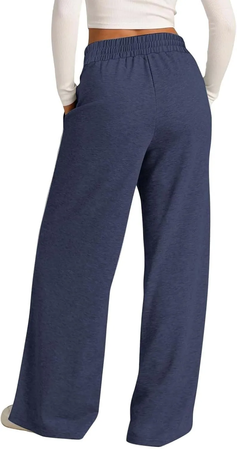 Women Wide Leg Sweatpant High Waist Cotton Baggy Casual Drawstring Waist Running Joggers Pants with Pockets