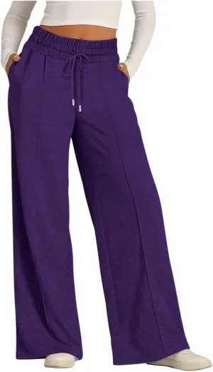 Women Wide Leg Sweatpant High Waist Cotton Baggy Casual Drawstring Waist Running Joggers Pants with Pockets