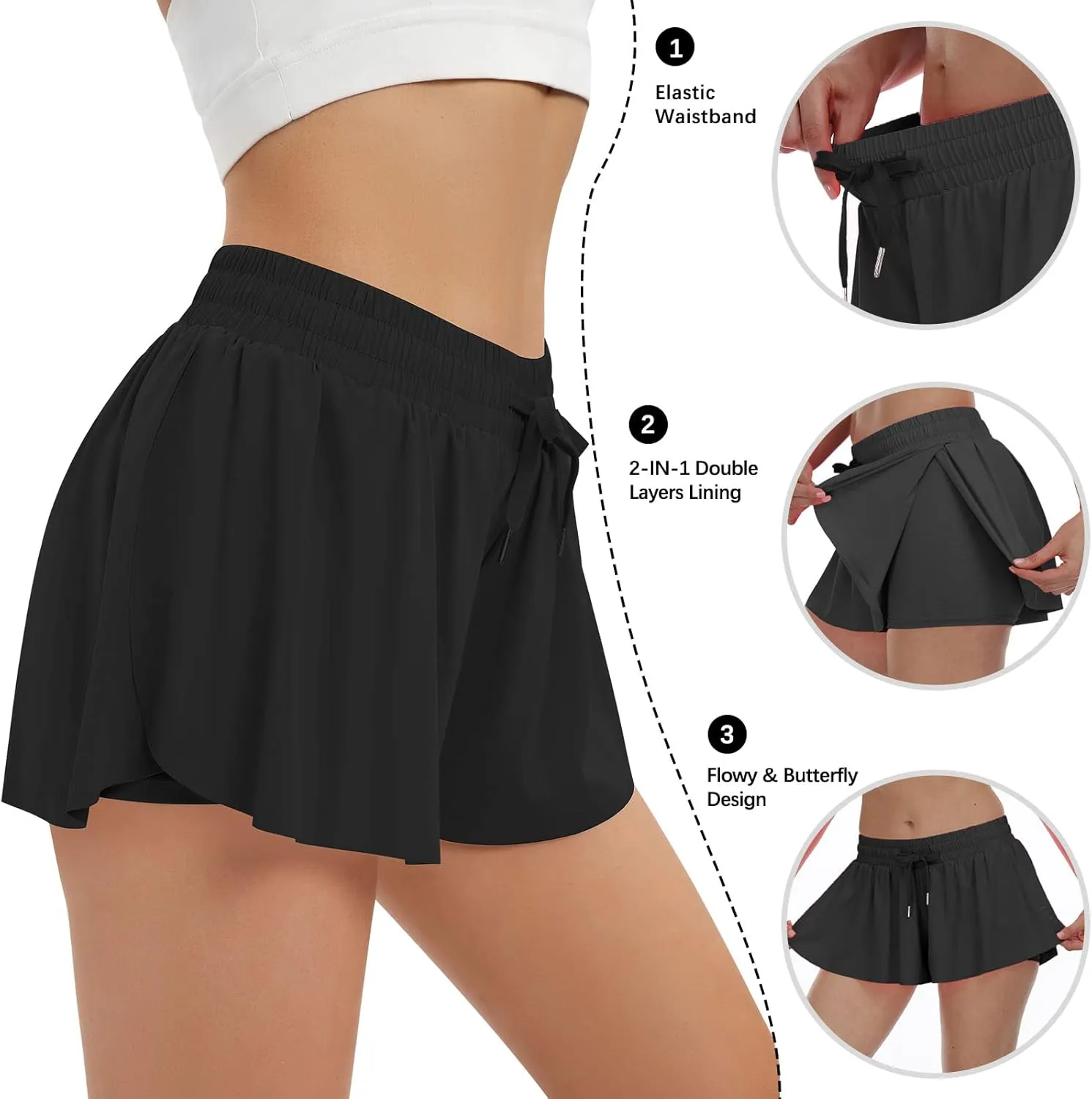 Womens 2 in 1 Flowy Athletic Shorts with Pocket Butterfly Running Workout Shorts Sweat Spandex Lounge Gym Yoga Summer Skirts
