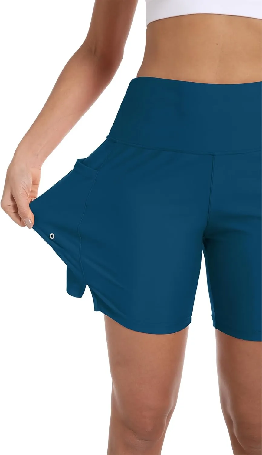 Women's 7" High Waisted Swim Board Shorts Quick Dry Beach Swimsuit Bottom Shorts for Women with Liner Pockets