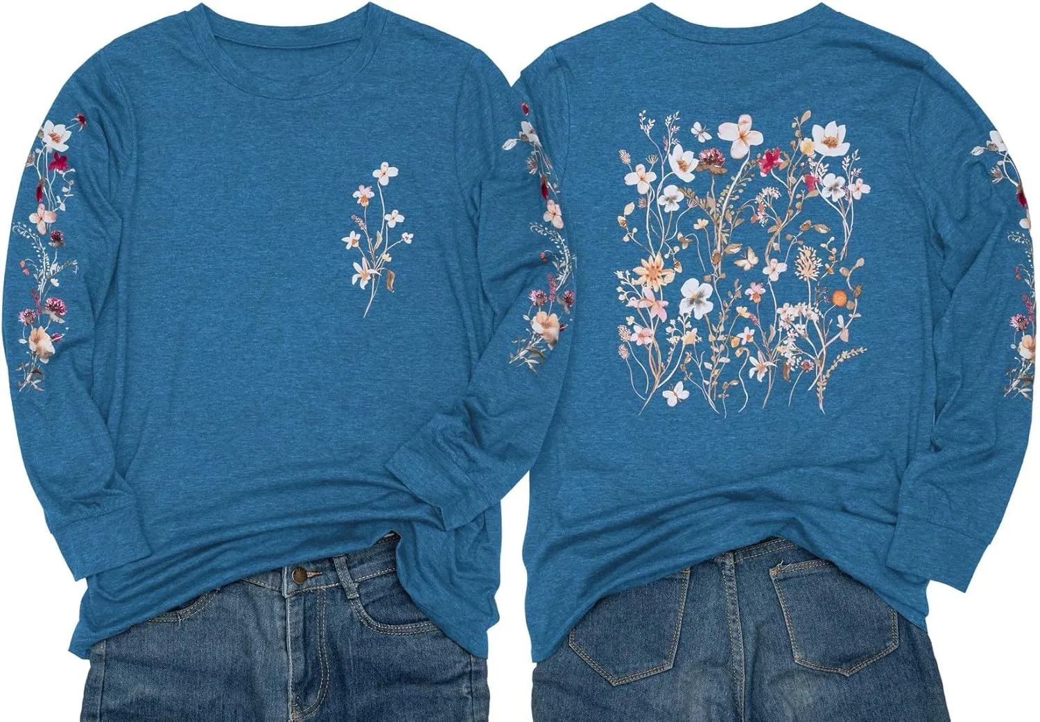 Women's Sleeve Print Flowers T-Shirt Casual Long Sleeve Boho Wildflowers Vintage Botanical Floral Nature Tees Tops