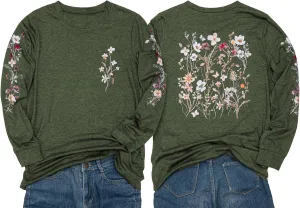 Women's Sleeve Print Flowers T-Shirt Casual Long Sleeve Boho Wildflowers Vintage Botanical Floral Nature Tees Tops
