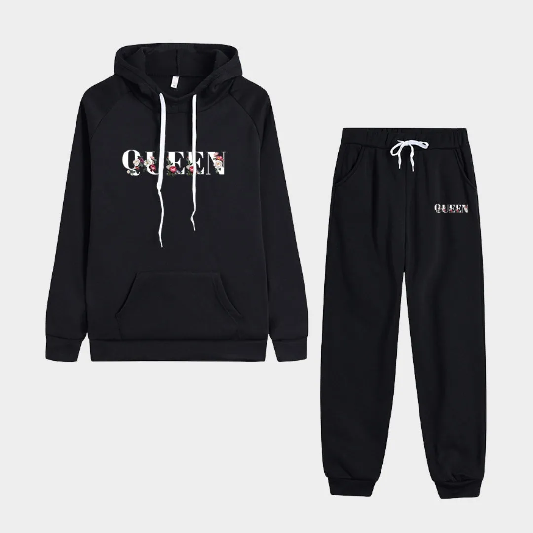 Women's Tracksuit Two-Piece Set - Jogging Sweatshirt and Hoodie Suit, Casual and Sporty with Drawstring (Black and Grey)