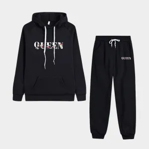 Women's Tracksuit Two-Piece Set - Jogging Sweatshirt and Hoodie Suit, Casual and Sporty with Drawstring (Black and Grey)
