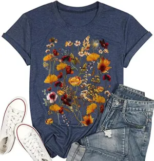 Women's Vintage Flowers Shirt Casual Boho Floral Printed T-Shirt Sunflower Wildflowers Graphic Tees Tops for Girl