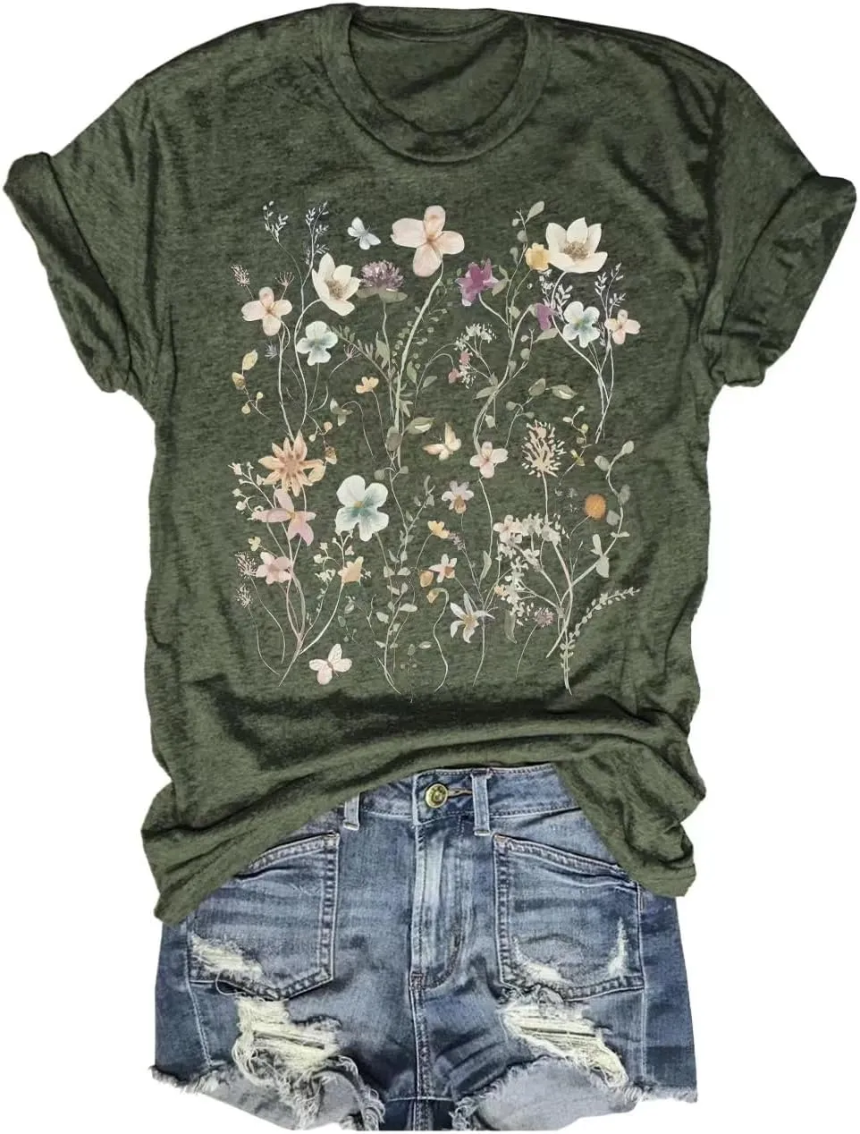 Women's Vintage Flowers Shirt Casual Boho Floral Printed T-Shirt Sunflower Wildflowers Graphic Tees Tops for Girl