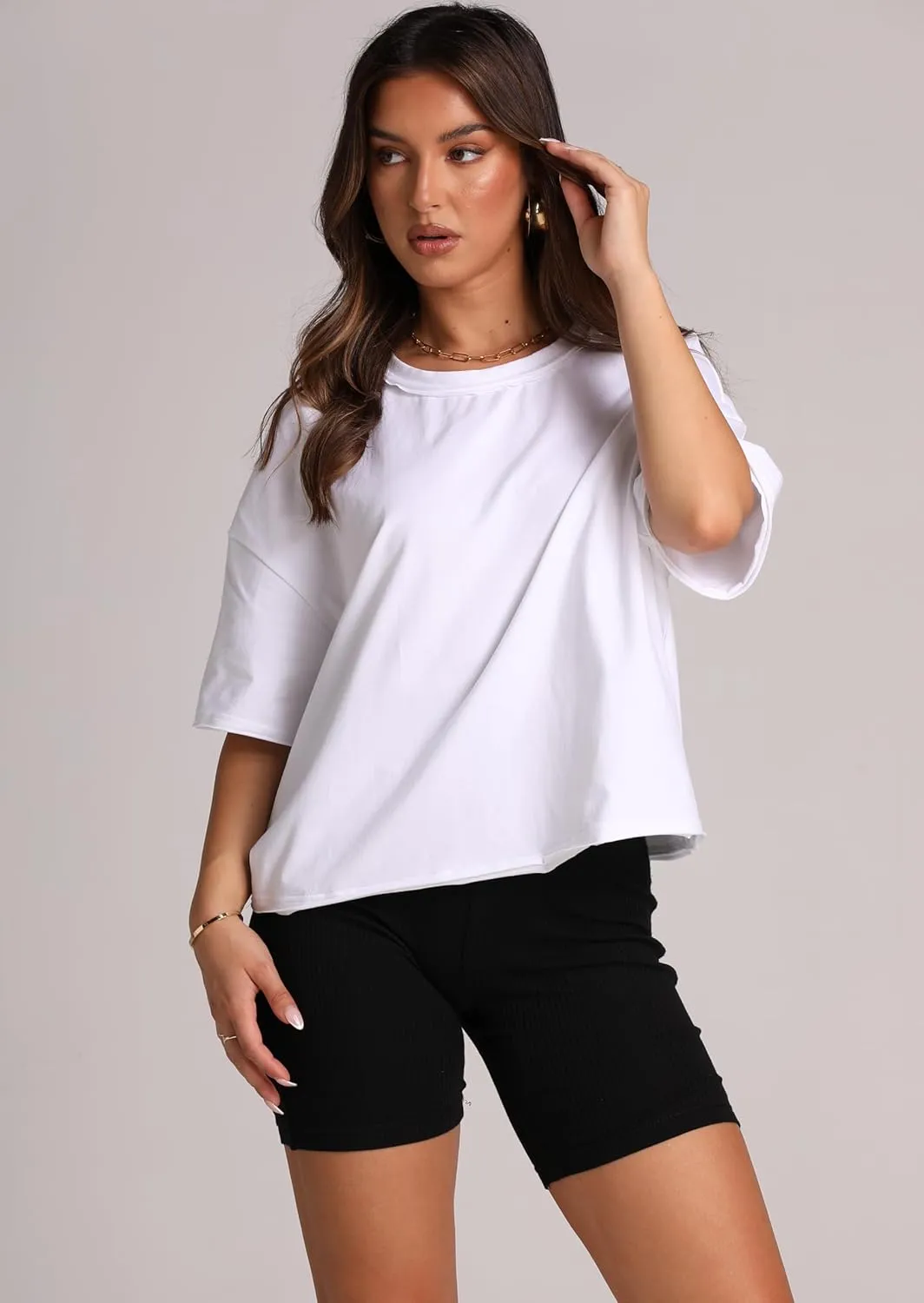 XIEERDUO Cotton Tshirts for Women Drop Shoulder Round Neck Oversized Crop Tops Workout Tops Tees