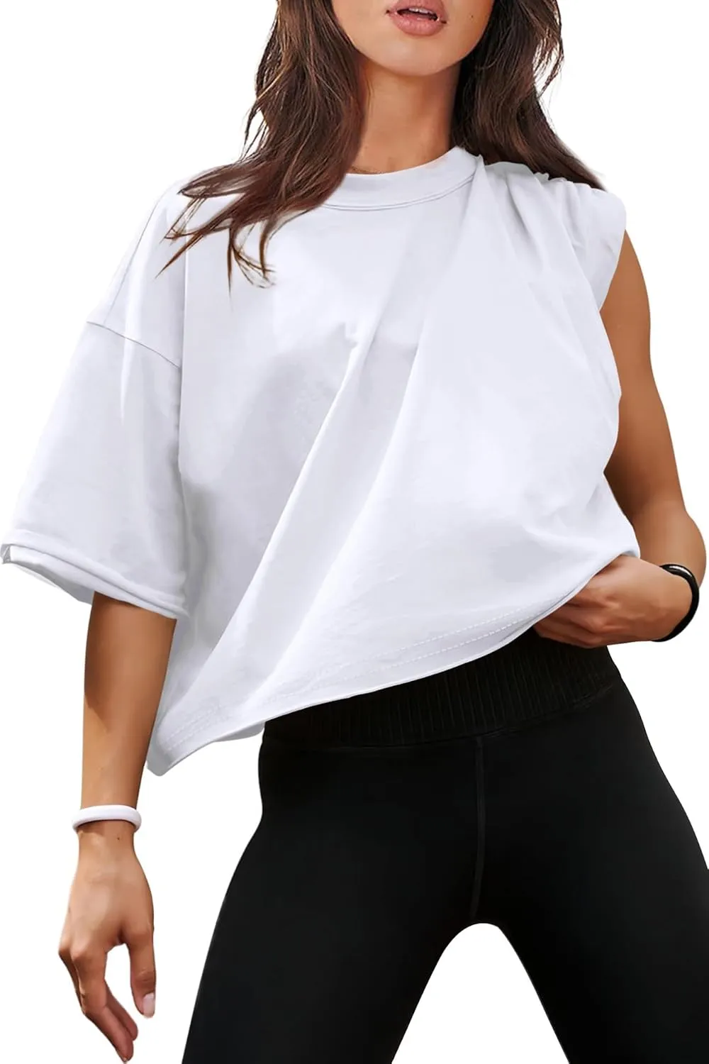 XIEERDUO Cotton Tshirts for Women Drop Shoulder Round Neck Oversized Crop Tops Workout Tops Tees