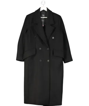 ZARA Black Black Double Breasted Overcoat UK M